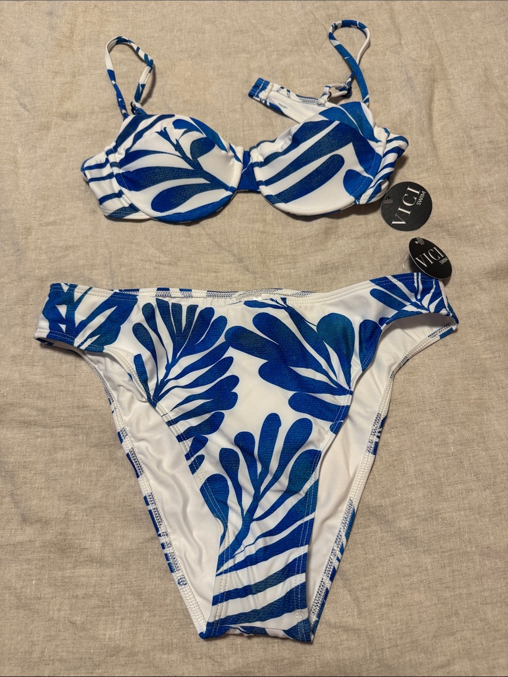 VICI White Bikini with Bold Blue Leaf Print